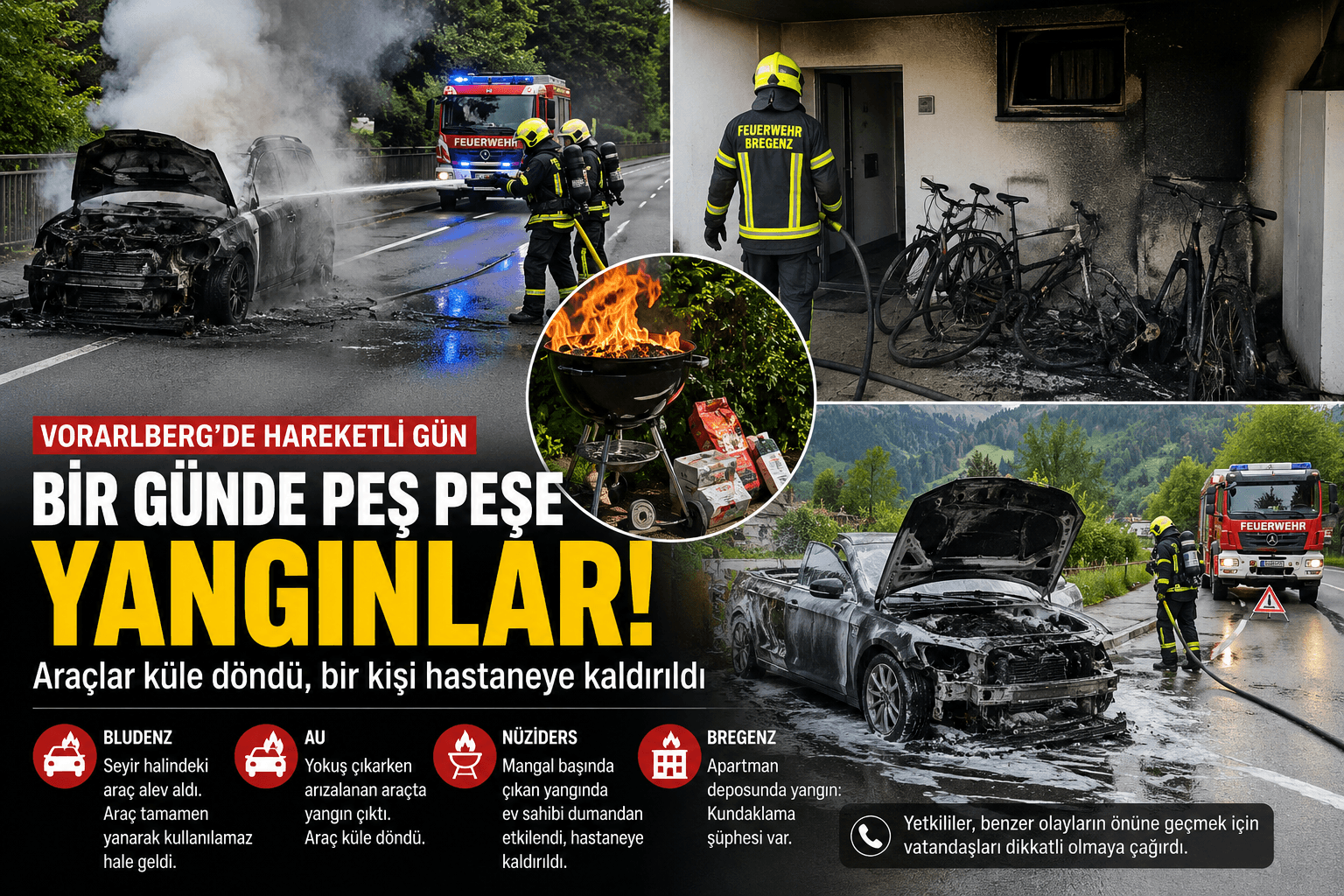 Vorarlberg’de Bir Günde Peş Peşe Yangınlar: Araçlar Küle Döndü, Bir Kişi Hastaneye Kaldırıldı